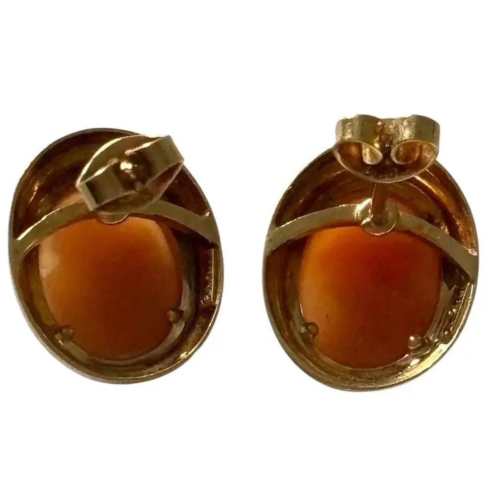 14k Yellow Gold Oval Carved Shell Italian Lady Head Cameo Earrings 4.0 Gram Vtg